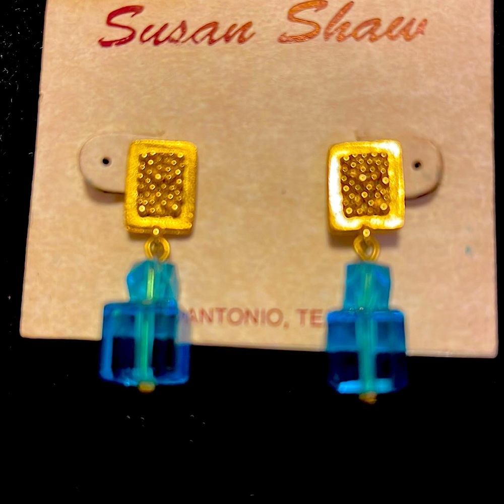 Brand New Susan Shaw gold & aquamarine pierced earrings